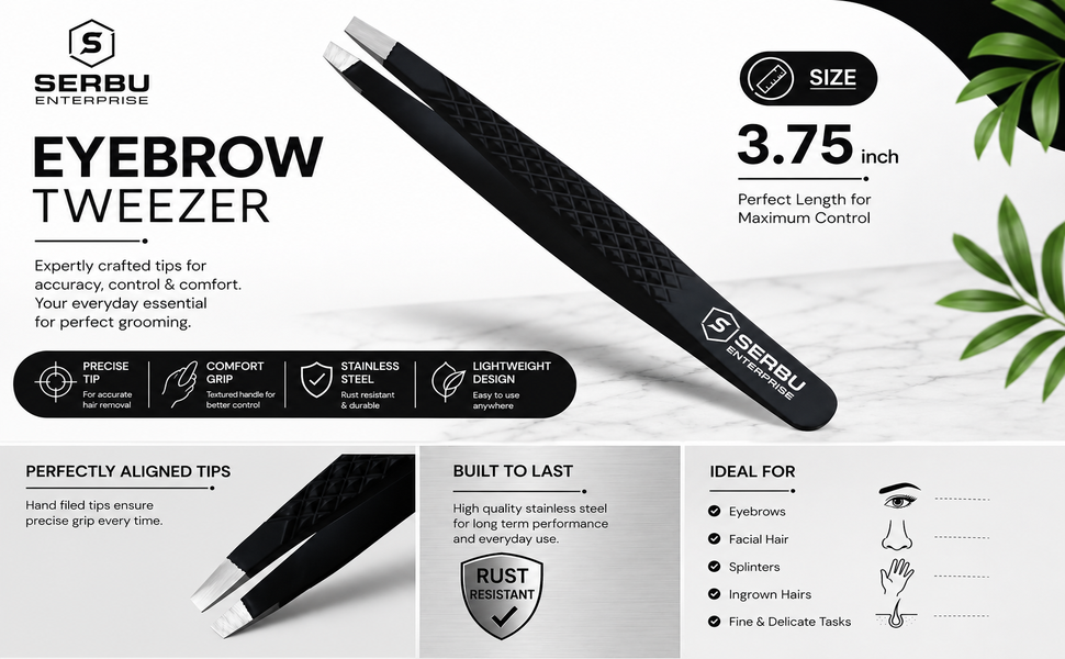 Slant Tip Tweezers – Precision Eyebrow Hair Remover, Stainless Steel Tweezer, Precision Tweezers for Ingrown Hair, Tweezers for Men & Women (Black)