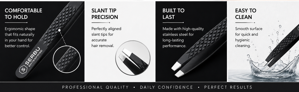 Slant Tip Tweezers – Precision Eyebrow Hair Remover, Stainless Steel Tweezer, Precision Tweezers for Ingrown Hair, Tweezers for Men & Women (Black)